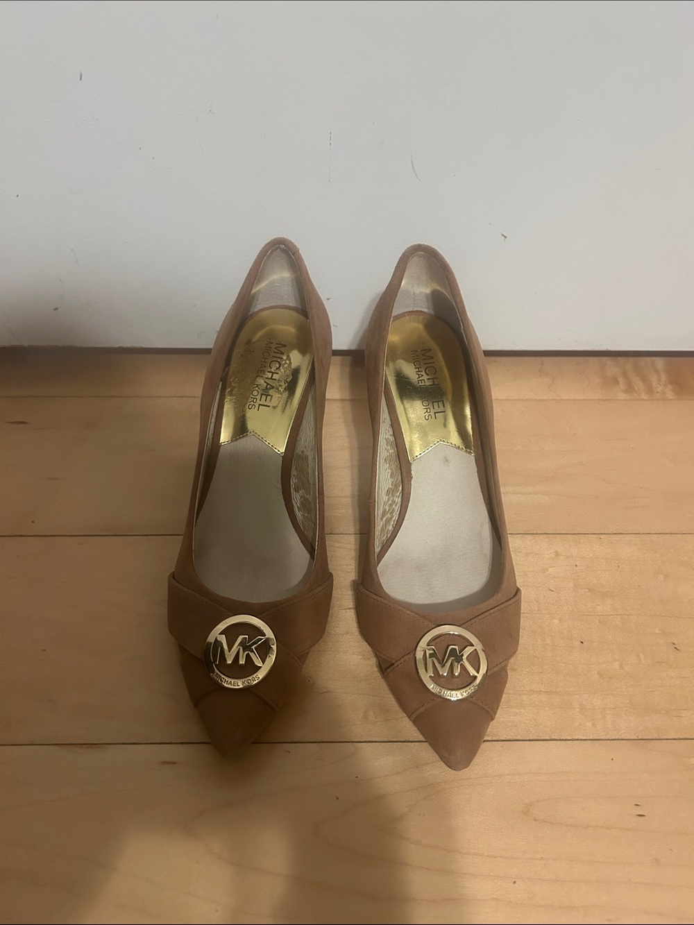 Michael Kors Tan Suede Pointed-Toe Heels with Gold MK Logo